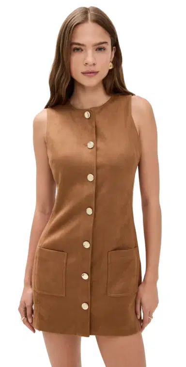 endless rose Faux Suede Round Neck Buttoned Mini Dress Camel | Thumbnail 1 endless rose Faux Suede Round Neck Buttoned Mini Dress Camel | Thumbnail 1
