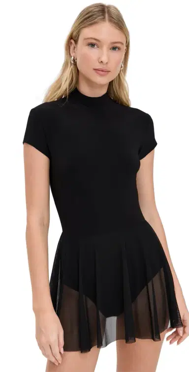 Norma Kamali Mock Neck Cap Sleeve Flared Dress Black | Thumbnail 1 Norma Kamali Mock Neck Cap Sleeve Flared Dress Black | Thumbnail 1