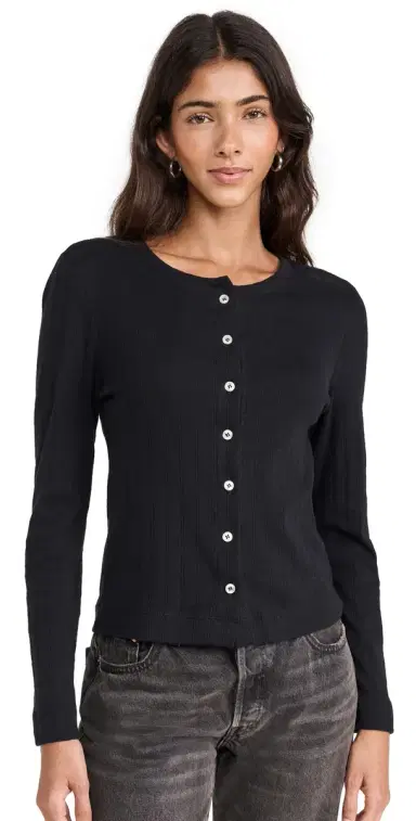 Leset Pointelle Classic Crew Cardigan Black | Thumbnail 1 Leset Pointelle Classic Crew Cardigan Black | Thumbnail 1
