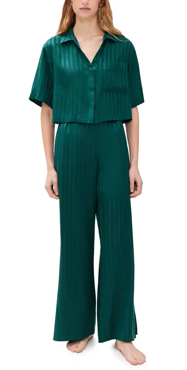 Washable Silk Striped Jacquard High Rise Pant Set Dusky Cypress Jacquard