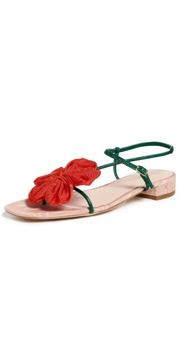 Genevieve Flower Applique Flat Sandals Nude/Green/Red