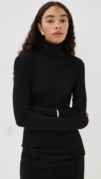 Tibi Feather Weight Ribbed Sweater Turtle Neck Pullover Black XS | Thumbnail 2 Tibi Feather Weight Ribbed Sweater Turtle Neck Pullover Black XS | Thumbnail 2