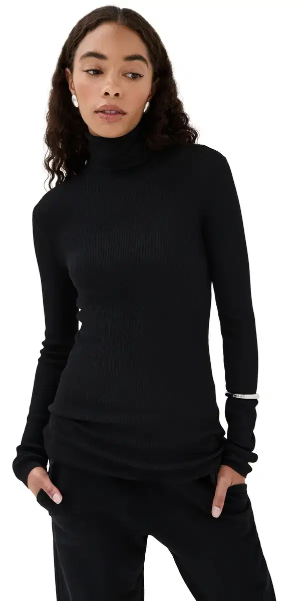Tibi Feather Weight Ribbed Sweater Turtle Neck Pullover Black