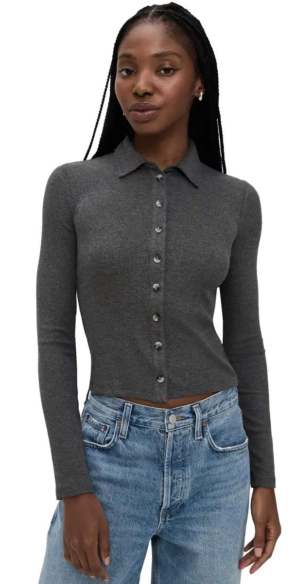 perfectwhitetee uxe Rib ong Sleeve Button Polo Charcoal