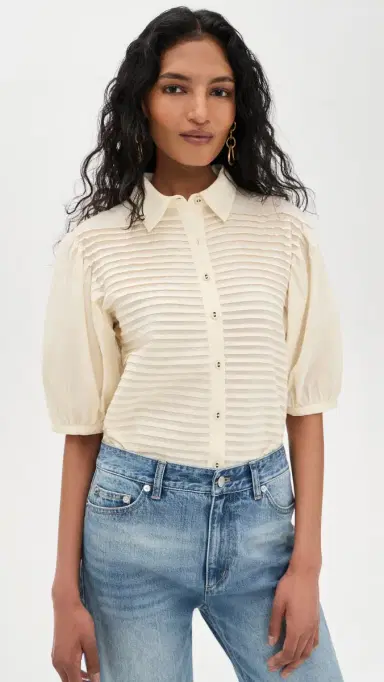 Ulla Johnson Cordelia Short Sleeve Button Up Top Cowrie | Thumbnail 2 Ulla Johnson Cordelia Short Sleeve Button Up Top Cowrie | Thumbnail 2