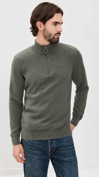 Barbour Cotton Half Zip Knitted Sweater Olive Marl M | Thumbnail 2