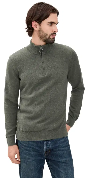 Barbour Cotton Half Zip Knitted Sweater Olive Marl M | Thumbnail 1