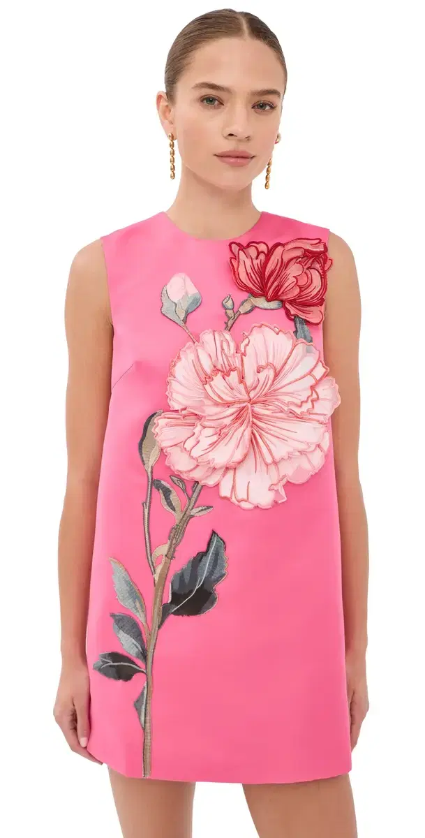 Leo Lin Yvonne Applique Floral Mini Dress Peony Print in Fuchsia