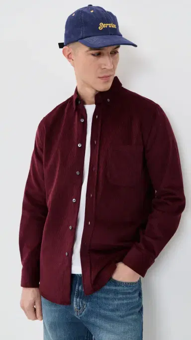 Portuguese Flannel Lobo 2.0 Corduroy Button Down Shirt Bordeaux S | Thumbnail 2