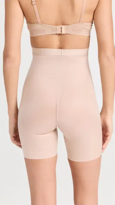 SPANX High Waist Mid-Thigh Shorts, Petite Champagne Beige | Thumbnail 3