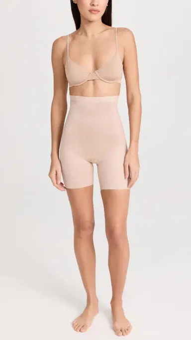 SPANX High Waist Mid-Thigh Shorts, Petite Champagne Beige | Thumbnail 5
