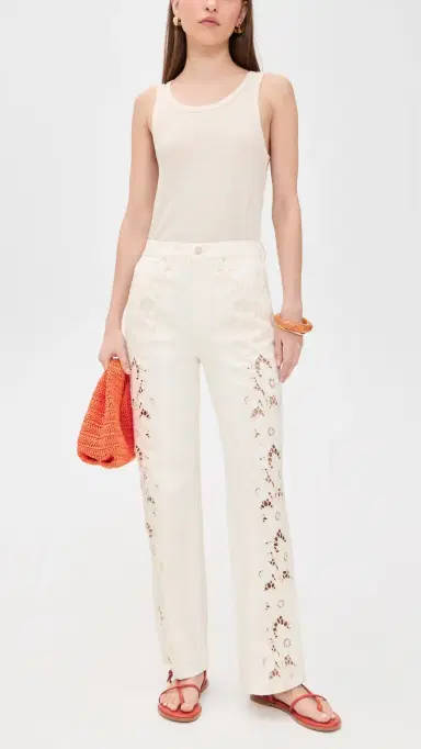 PAIGE Sawyer Wide Leg Jeans Tonal Ecru Embroidered 29 | Thumbnail 5