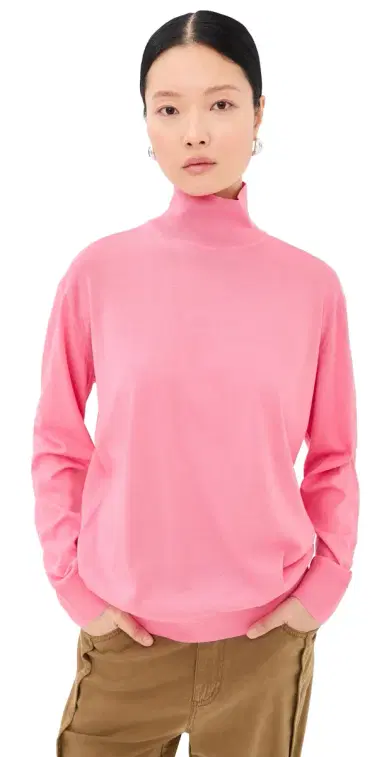 Tibi Super Fine Gauge Perfect Turtleneck Pullover Bubble Gum Pink | Thumbnail 1