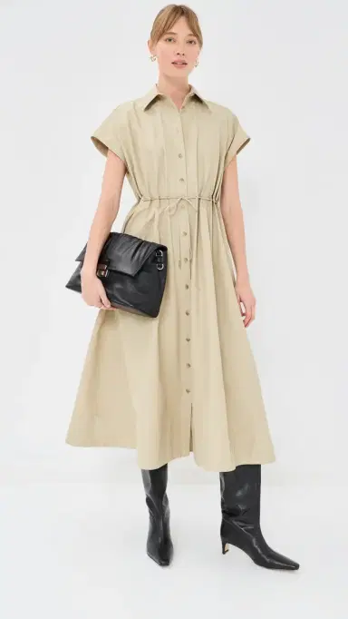 Brandon Maxwell The Blake Short Sleeve Shirt Dress with Eyelet Waist Dune 4 | Thumbnail 2