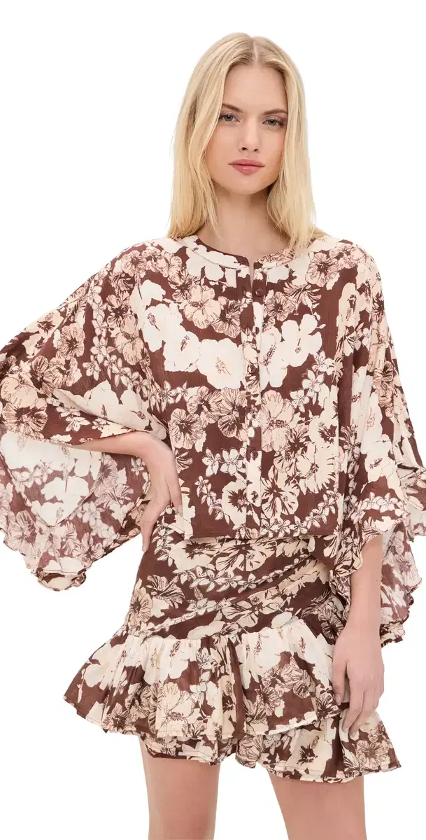Button Front Scarf Top Hibiscus Tropical Coconut One Size