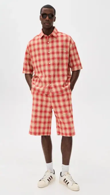 Nahmias Plaid Cropped Short Sleeve Shirt Cherry Plaid Flannel | Thumbnail 5