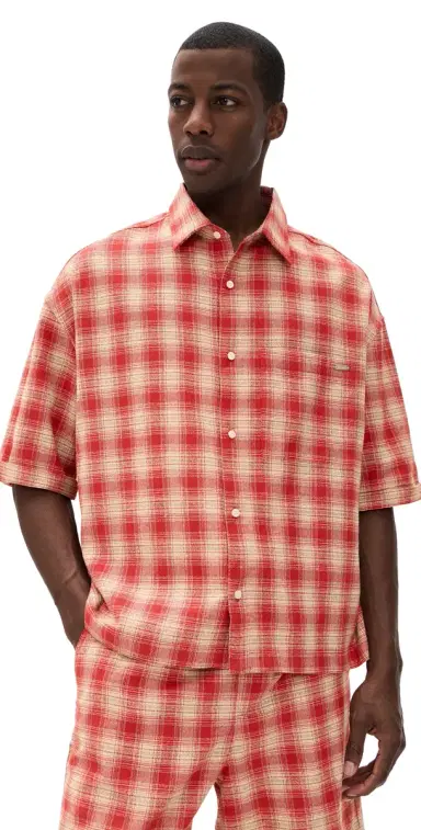 Nahmias Plaid Cropped Short Sleeve Shirt Cherry Plaid Flannel | Thumbnail 1