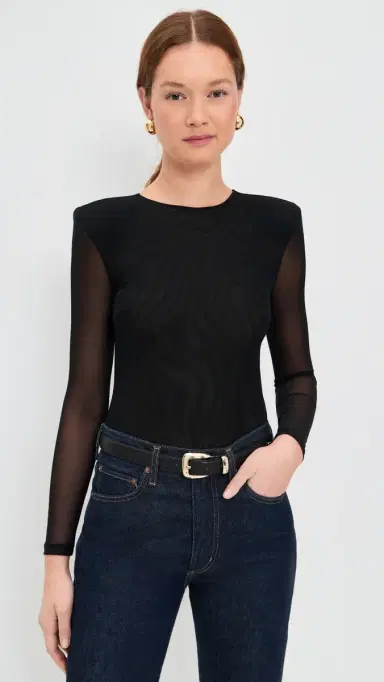 L'AGENCE Trista Shoulder Pad Thong Bodysuit Black | Thumbnail 2