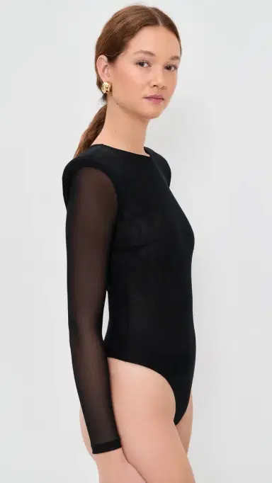 L'AGENCE Trista Shoulder Pad Thong Bodysuit Black | Thumbnail 4