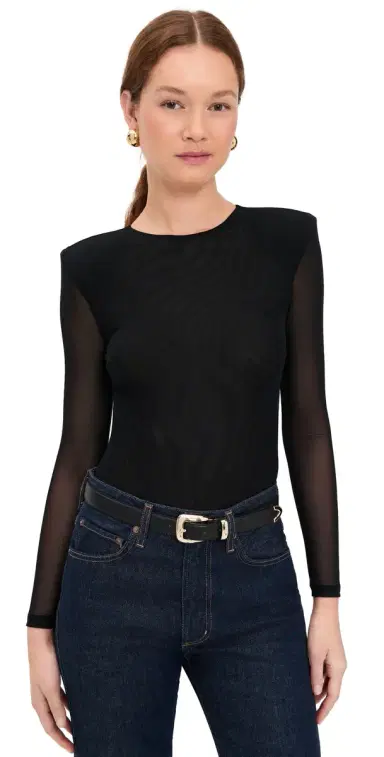 L'AGENCE Trista Shoulder Pad Thong Bodysuit Black | Thumbnail 1