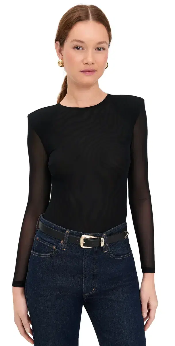 Trista Shoulder Pad Thong Bodysuit Black