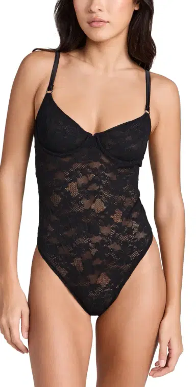 Fleur du Mal e Stretch Multifit Lace Thong Bodysuit Black | Thumbnail 1 Fleur du Mal e Stretch Multifit Lace Thong Bodysuit Black | Thumbnail 1
