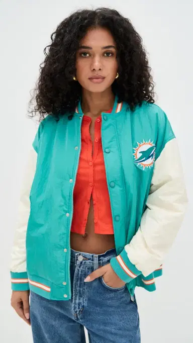Terez Dolphins Colorblock Bomber Jacket Dolphins Aqua/Sugar Swizzle S | Thumbnail 2