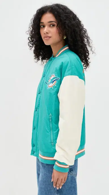Terez Dolphins Colorblock Bomber Jacket Dolphins Aqua/Sugar Swizzle S | Thumbnail 4