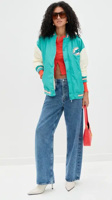 Terez Dolphins Colorblock Bomber Jacket Dolphins Aqua/Sugar Swizzle S | Thumbnail 5