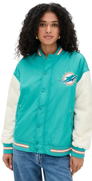 Terez Dolphins Colorblock Bomber Jacket Dolphins Aqua/Sugar Swizzle S | Thumbnail 1