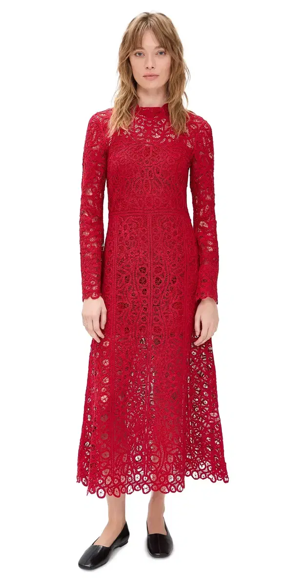 Adelina Battenberg Lace Long Sleeve Dress Red
