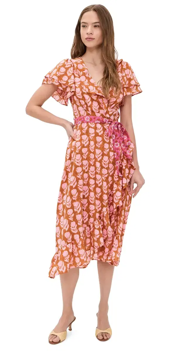 Frilly Wrap Dress Brown And Pink Flower Frilly Wrap Dress Brown And Pink Flower