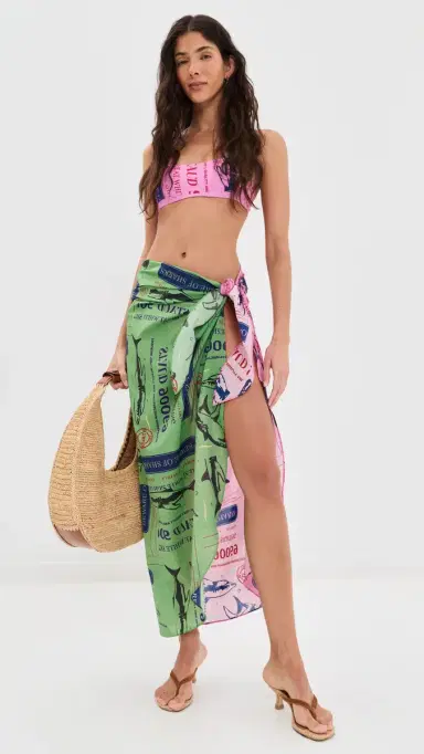 Staud Sisley Side Tie Bikini Bottoms Parcel Print Pink L | Thumbnail 5