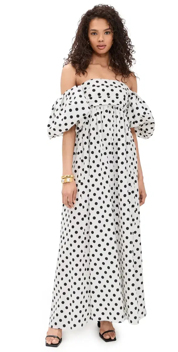 Emilia Ruched Empire axi Dress  Black Polka Dot