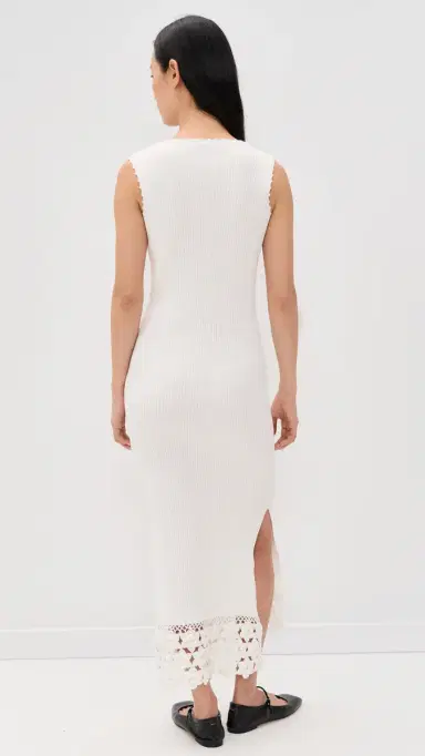 Ganni Fine Cotton Rib Crochet V-neck Dress Egret L | Thumbnail 3 Ganni Fine Cotton Rib Crochet V-neck Dress Egret L | Thumbnail 3