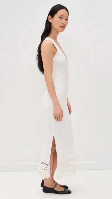 Ganni Fine Cotton Rib Crochet V-neck Dress Egret L | Thumbnail 4 Ganni Fine Cotton Rib Crochet V-neck Dress Egret L | Thumbnail 4