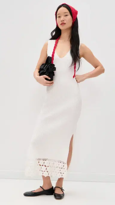Ganni Fine Cotton Rib Crochet V-neck Dress Egret L | Thumbnail 5 Ganni Fine Cotton Rib Crochet V-neck Dress Egret L | Thumbnail 5
