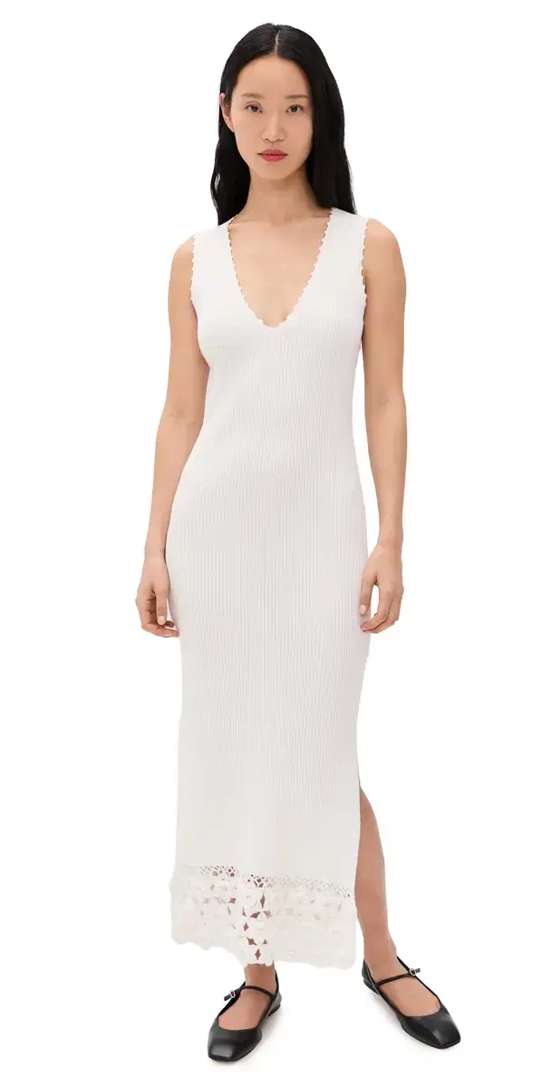Fine Cotton Rib Crochet V-neck Dress Egret