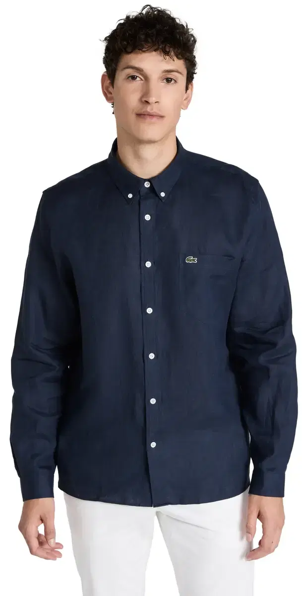 Lacoste Regular Fit Linen Casual Button Down hirt Navy Blue