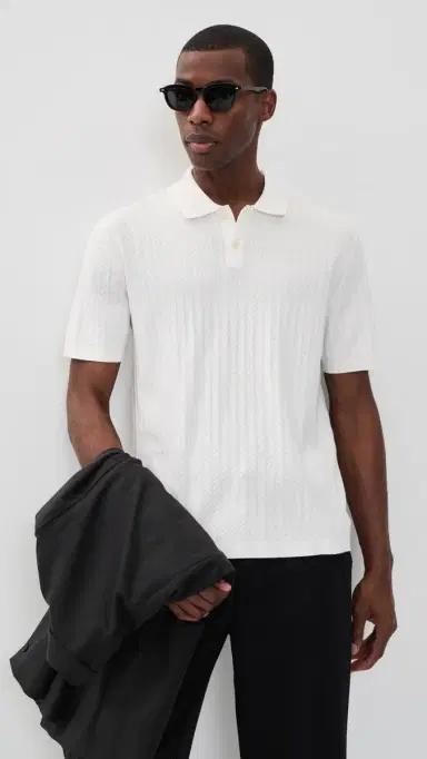 Theory Cable Knit Polo in Fine Bilen White S | Thumbnail 2