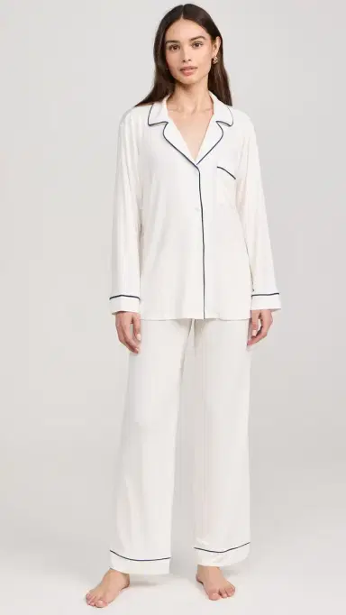 Eberjey Gisele The Long Pajama Set Pure /Navy | Thumbnail 2 Eberjey Gisele The Long Pajama Set Pure /Navy | Thumbnail 2