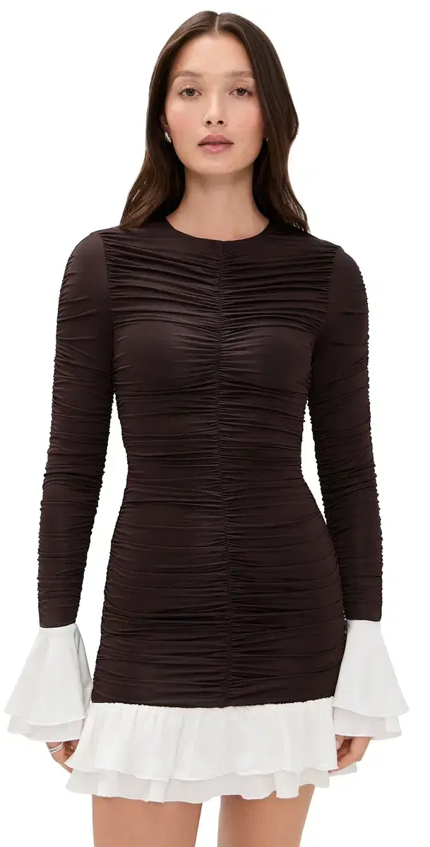ROTATE Mini Ruched Long Sleeve Dress Chicory Coffee Comb