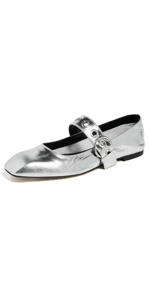 AEYDE Uma Eyelet Crackle Laminated Calf Leather Silver Flats Silver