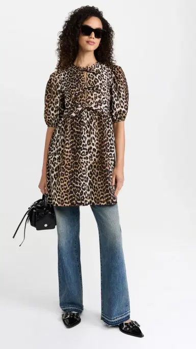 Ganni Cotton Poplin Tie String Mini Dress Leopard 36 | Thumbnail 2 Ganni Cotton Poplin Tie String Mini Dress Leopard 36 | Thumbnail 2
