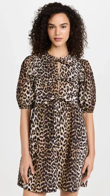 Ganni Cotton Poplin Tie String Mini Dress Leopard 36 | Thumbnail 3 Ganni Cotton Poplin Tie String Mini Dress Leopard 36 | Thumbnail 3
