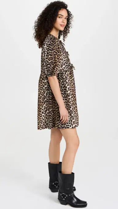 Ganni Cotton Poplin Tie String Mini Dress Leopard 36 | Thumbnail 5 Ganni Cotton Poplin Tie String Mini Dress Leopard 36 | Thumbnail 5