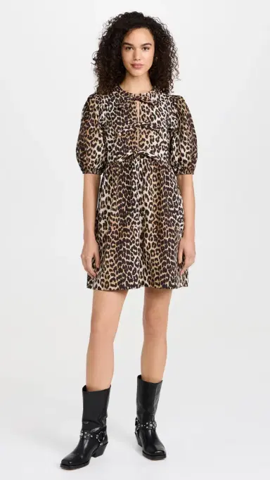 Ganni Cotton Poplin Tie String Mini Dress Leopard 36 | Thumbnail 6 Ganni Cotton Poplin Tie String Mini Dress Leopard 36 | Thumbnail 6