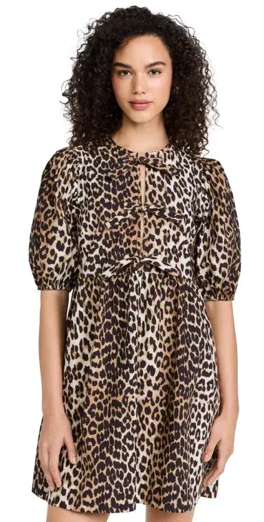 Ganni Cotton Poplin Tie String Mini Dress Leopard 36 | Thumbnail 1 Ganni Cotton Poplin Tie String Mini Dress Leopard 36 | Thumbnail 1