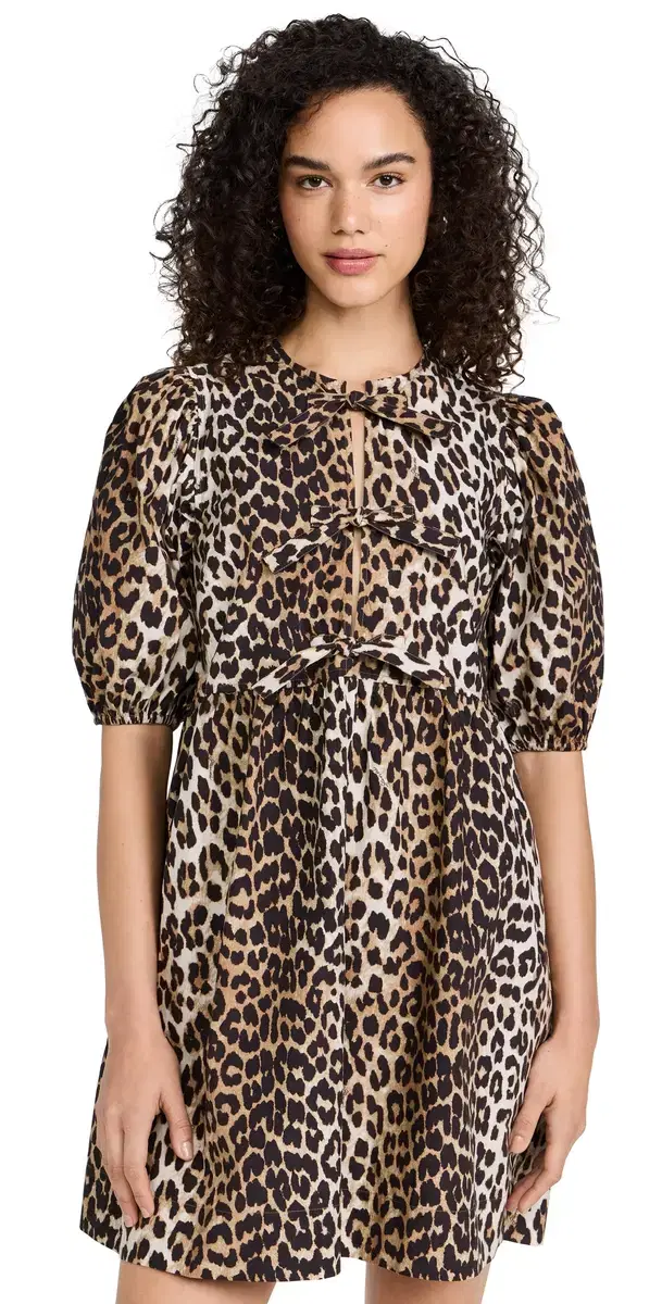 GANNI Cotton Poplin Tie String Mini Dress Leopard