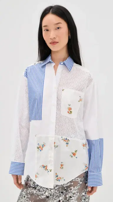 MSGM Patchwork Button Down Shirt Off White Blue | Thumbnail 2
